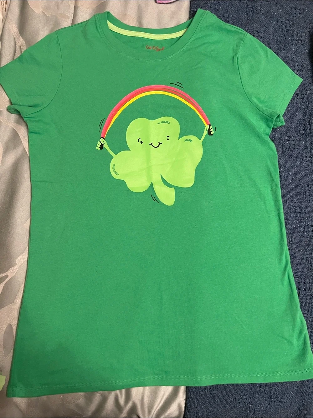 Cat & Jack Girls Xl Green Shamrock rainbow jump rope  Graphic Tee EUC